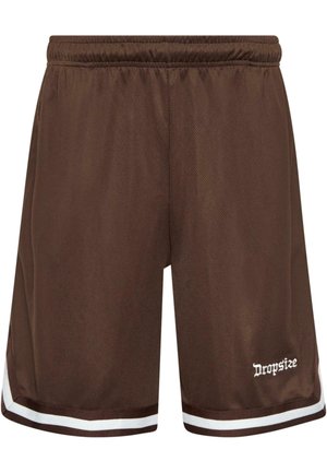 Pantaloni sportivi marroni realizzati in tessuto rete, con una striscia bianca all'orlo e il logo "Dropsize" in bianco sul davanti.
