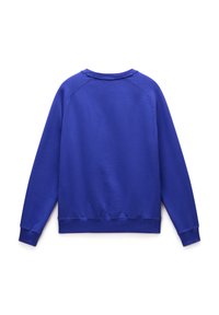 Felpa blu royal, misto cotone, collo a giro, maniche lunghe a raglan, polsini e orlo a costine, texture liscia, design sul retro semplice.