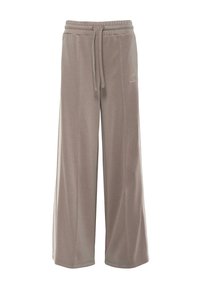 Wide-leg sweatpants in light gray fabric, featuring an elastic waistband with drawstring, side pockets, and subtle logo detailing.