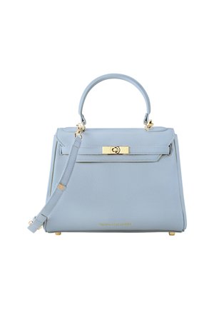 Borsa a tracolla in pelle azzurro chiaro con design strutturato, hardware dorato e manico superiore. Include una tracolla rimovibile e una superficie testurizzata.