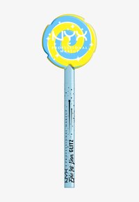 Penna eyeliner NYX Professional Makeup con un tappo rotondo blu e giallo decorato con stelle. La penna è di un blu chiaro con testo e stelle neri.