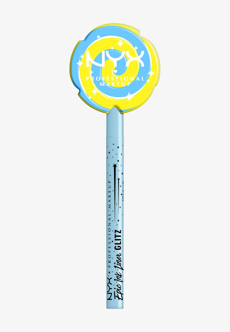Penna eyeliner NYX Professional Makeup con un tappo rotondo blu e giallo decorato con stelle. La penna è di un blu chiaro con testo e stelle neri.