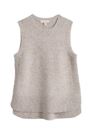 Gilet sans manches en maille beige avec motif moucheté, encolure ronde, ourlet côtelé et panneaux côtelés latéraux, légèrement plus long à l'arrière.
