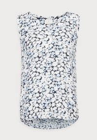 Blusa senza maniche con scollo a V, decorata con un motivo floreale blu e bianco e orlo leggermente curvato, con etichetta "Kaffe" all'interno del colletto.