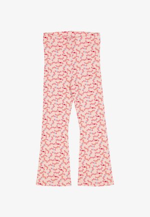 Schicke, ausgestellte Leggings aus hellrosa Stoff mit einem sich wiederholenden Muster aus bunten Kreisen und Kurven, die eine glatte, dehnbare Textur bieten.