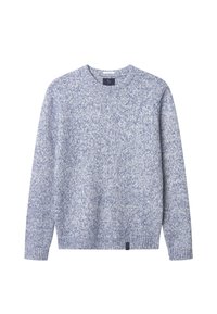 Gestrickter Pullover in Hellblau mit einem gesprenkelten Muster, Rundhalsausschnitt, gerippten Bündchen und Saum. Verfügt über ein kleines Logo-Tag an der unteren Seite.