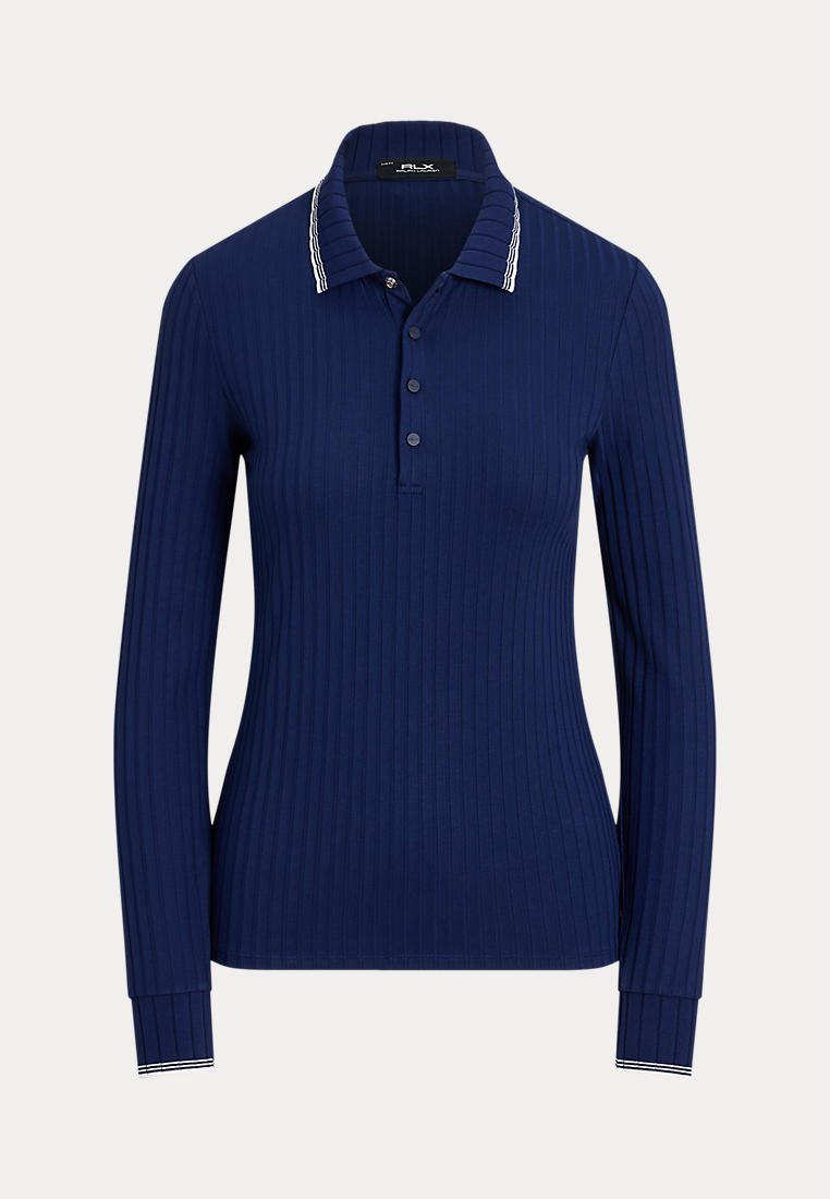 Polo côtelé bleu marine à manches longues avec patte de boutonnage et détails rayés blancs sur le col et les poignets.