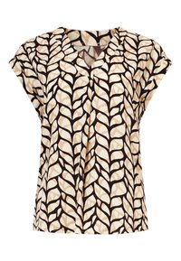 Short-sleeve blouse in cream with brown and beige leaf pattern, featuring a V-neckline and relaxed fit, made from lightweight fabric.