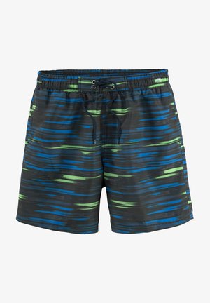 Black swim trunks featuring horizontal stripes in blue and green. Elastic waistband with drawstring. Lightweight, smooth texture.