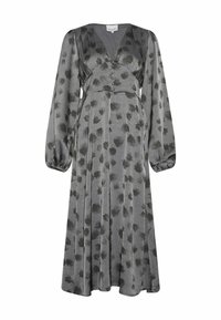Langärmliges graues Kleid mit floralem Muster, V-Ausschnitt, Knöpfen an der Front und einem fließenden, plissierten Rock. Weicher Stoff.
