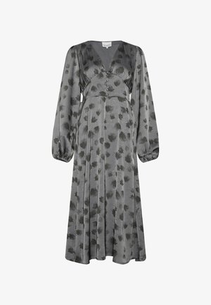Langærmet grå kjole med blomstermønster, V-hals, knapper ned foran og en svajende plisseret nederdel. Blød stofstruktur.