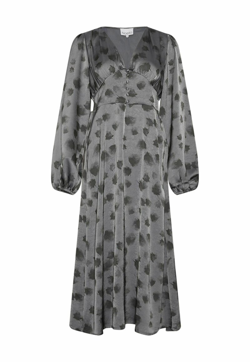 Langärmliges graues Kleid mit floralem Muster, V-Ausschnitt, Knöpfen an der Front und einem fließenden, plissierten Rock. Weicher Stoff.