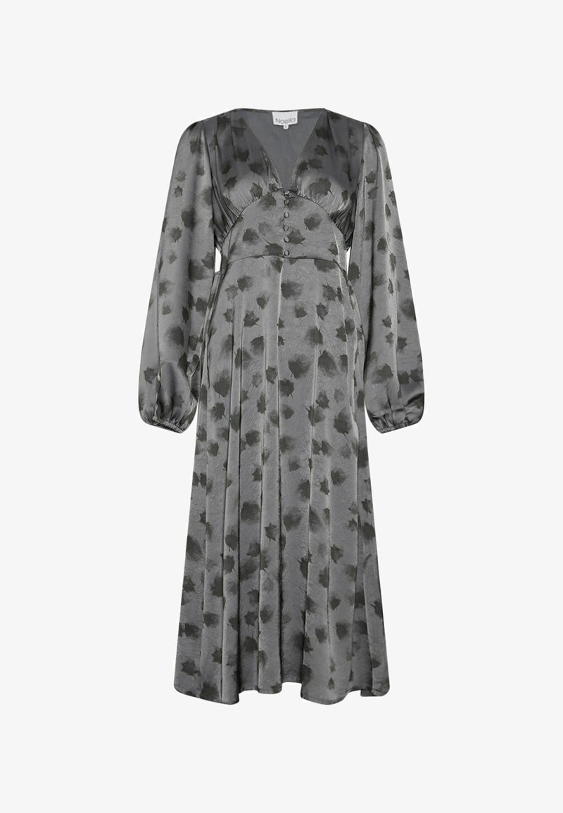 Langärmliges graues Kleid mit floralem Muster, V-Ausschnitt, Knöpfen an der Front und einem fließenden, plissierten Rock. Weicher Stoff.