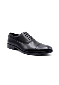 Chaussure habillée en cuir noir avec un bout arrondi, un laçage, une texture lisse et un petit talon. Présente un détail cousu le long du bout.