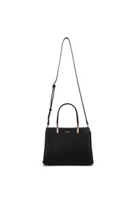 Zwarte leren handtas met dubbele handvatten en een afneembare schouderriem. Bevat hardware in goudkleur en een gestructureerde afwerking. Rechthoekige vorm.