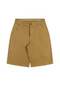 Tan baggy shorts laget av bomull, med knappelukking, to frontlommer og en rett design med en brettet kant.
