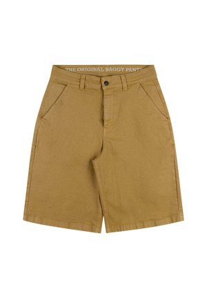 Tan baggy shorts made of cotton, featuring a button closure, two front pockets, and a straight design with a hemmed bottom.