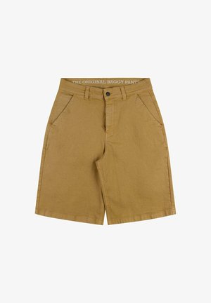 Tan baggy shorts made of cotton, featuring a button closure, two front pockets, and a straight design with a hemmed bottom.