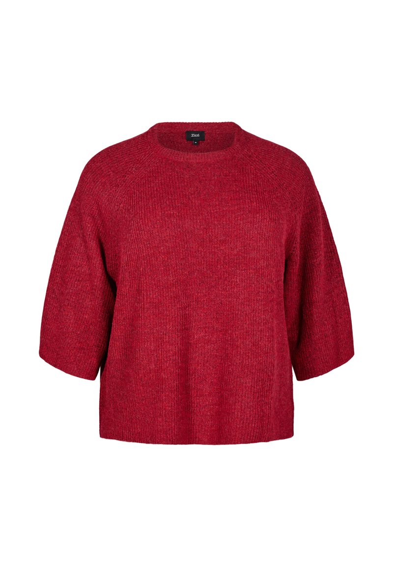 Pull en tricot rouge avec un col rond, des manches courtes et une coupe ample. La texture semble douce et légèrement côtelée sur l'ensemble.