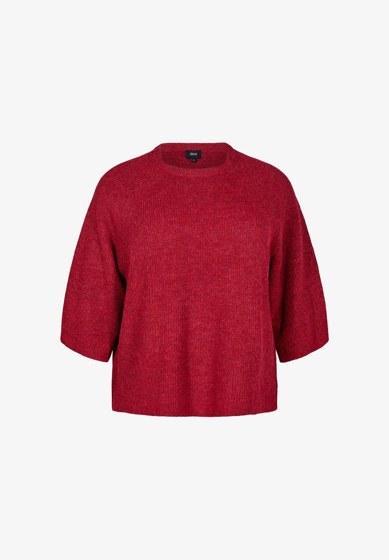 Roter Strickpullover mit rundem Ausschnitt, kurzen Ärmeln und lockerer Passform. Die Textur wirkt weich und leicht gerippt.