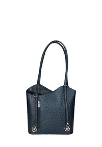 Borsa tote in pelle blu navy con un motivo testurizzato a pois, dotata di due lunghi manici e una tasca con zip su un lato. Dettagli in metallo argentato.