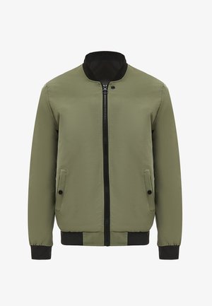 Groene bomberjack met een zwarte ritssluiting en kraag, voorzien van zijzakken en rib gebreide zwarte manchetten en zoom, gemaakt van gladde stof.