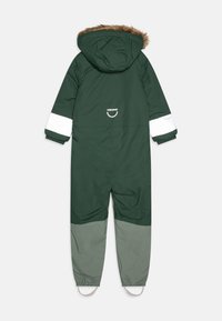 Macaco de neve verde isolado com capuz, acabamento em pelagem sintética, riscas brancas nos ombros, punhos elásticos e um design em dois tons de cinza na parte inferior.