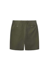 Olivenfarvede shorts med lige snit, der har to baglommer med knaplukninger og bæltestropper i taljen. Glat tekstur.