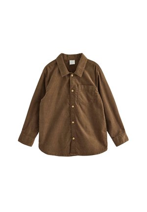 Camicia marrone con bottoni, realizzata in tessuto testurizzato, caratterizzata da un colletto classico, maniche lunghe, una tasca sul petto e bottoni in legno.