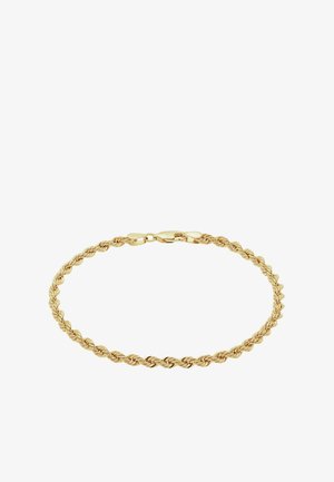 Goldfarbene Kordelkette mit Karabinerverschluss auf weißem Hintergrund.