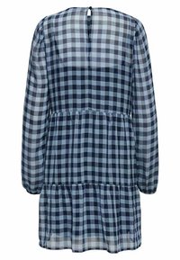 Navy- und hellblau karierte Kleid mit langen Ärmeln, geraffter Taille und gestuftem Rock. Transparenter Stoff und Keyhole-Rückendetail.