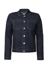 Veste en denim foncé avec un devant boutonné, deux poches poitrine, boutons argentés et surpiqûres contrastées. Col standard et manches longues.