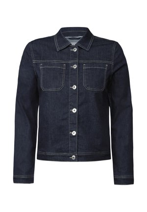 Giacca in denim scuro con chiusura a bottoni, due tasche sul petto, bottoni argentati e cuciture a contrasto. Collo standard e maniche lunghe.