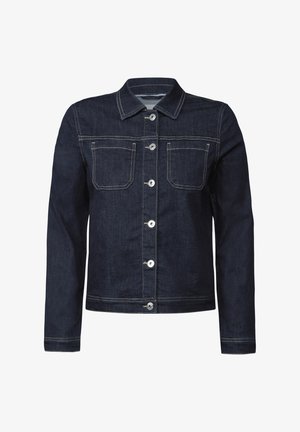 Dunkelblaue Jeansjacke mit Knopfleiste, zwei Brusttaschen, silbernen Knöpfen und Kontrastnähten. Klassischer Kragen und lange Ärmel.