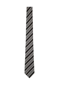 Cravate rayée noire, grise et argentée, présentant des rayures diagonales de différentes largeurs avec une finition texturée et une pointe. 