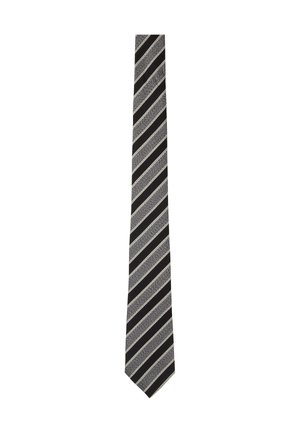 Cravate rayée noire, grise et argentée, présentant des rayures diagonales de différentes largeurs avec une finition texturée et une pointe. 