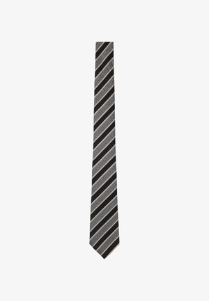 Gestreifter Schlips in Schwarz, Grau und Silber, mit diagonalen Streifen in verschiedenen Breiten, einer strukturierten Oberfläche und einer spitzen Spitze.