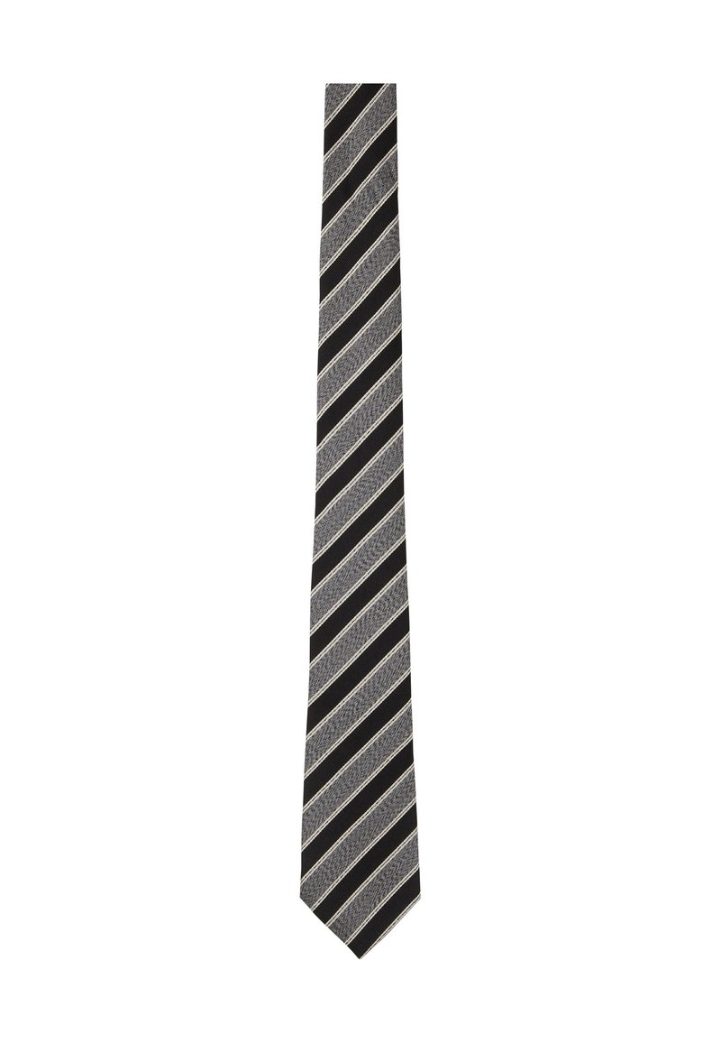 Cravate rayée noire, grise et argentée, présentant des rayures diagonales de différentes largeurs avec une finition texturée et une pointe. 