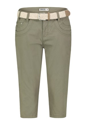 Olijfgroene cropped broek met voorzakken en een beige geweven riem met een zilveren gesp, maat medium.