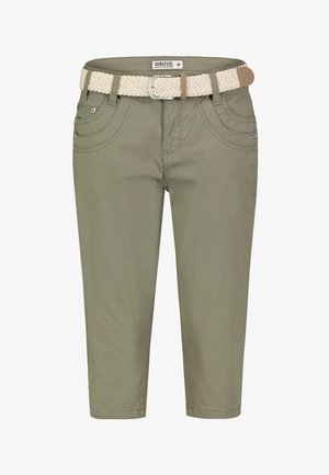 Olivgrüne, kurze Hose mit Vordertaschen und einem beigen gewebten Gürtel mit silberner Schnalle, Größe Medium.