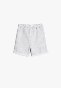 Grå bomuldsshorts med elastisk talje, rullede kanter og en spraglet tekstur med små farvede pletter.