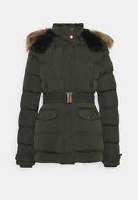 Manteau d'hiver matelassé vert foncé avec capuche amovible bordée de fourrure, fermetures éclair et à boutons-pression, taille ceinturée et poches à rabat.