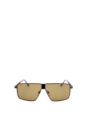 Occhiali da sole rettangolari marroni con lenti gialle sfumate e sottile montatura in metallo, mostrati frontalmente su uno sfondo bianco.