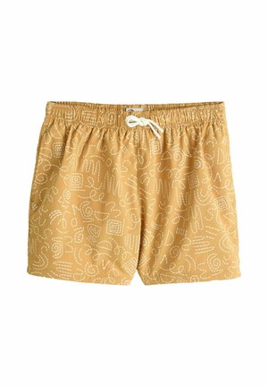 Mustard yellow swim shorts with white abstract line patterns and a white drawstring at the elastic waistband on a white background.
