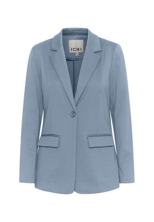 Svetle modrý blazer se štíhlým střihem, dvěma předními kapsami, jednořadým zapínáním na knoflík a hladkým povrchem látky. Viditelné štítky uvnitř.