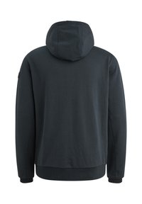 Donkergrijze hoodie met een gestructureerde afwerking, voorzien van een comfortabele pasvorm bij de manchetten en de zoom, en een minimalistisch ontwerp.