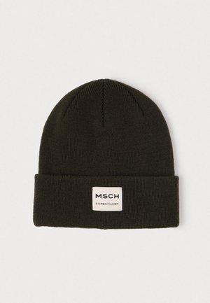 Dark green knitted beanie with a folded cuff and a white rectangular label reading "MSCH Copenhagen" centered on the cuff.
