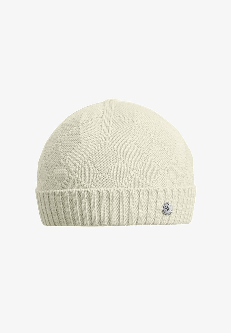 Knit beanie in off-white with textured diamond pattern, ribbed hem, and a small circular logo detail on the side.