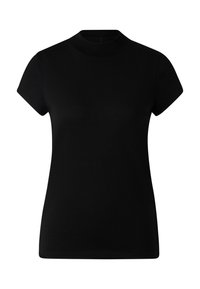 Černé tričko s krátkými rukávy a vysokým výstřihem, vyrobené z hladké látky, s přiléhavým střihem a minimalistickým designem.