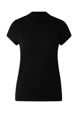 Zwart T-shirt met korte mouwen en een hoge hals, gemaakt van gladde stof, met een aangesloten pasvorm en een minimalistisch ontwerp.